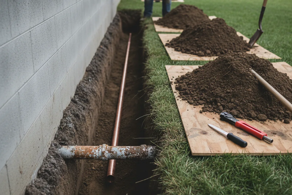 Excavated water line trench during Water Softener Installation in Alvarado